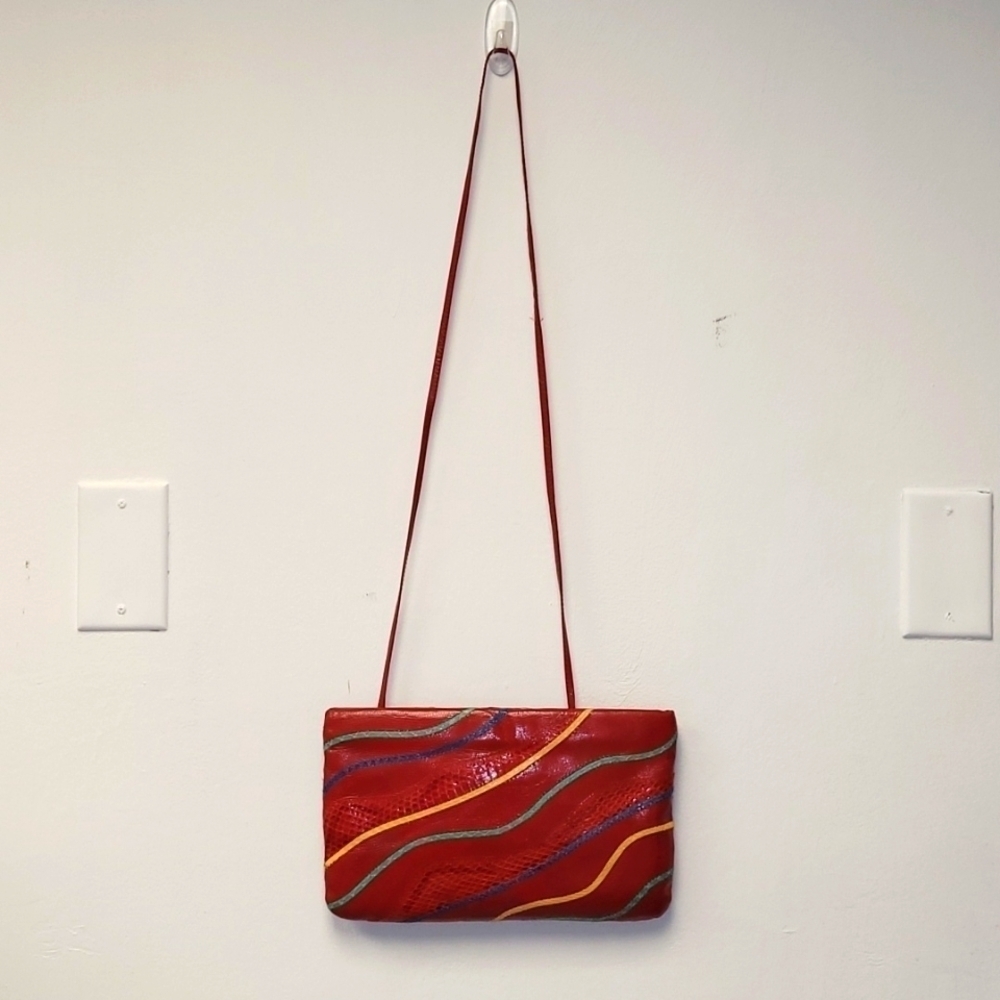 Vintage 80s ASPECTS Red Snakeskin Patchwork Crossbody Bag - Genuine Exotic Leath - Picture 12 of 15